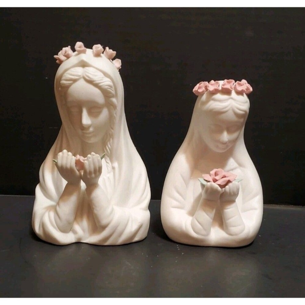 Virgin Mother Mary Madonna Figurine Bust Pair Holding Flowers & Wearing Wreaths